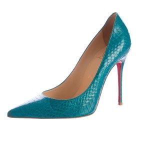 • Christian Louboutin • Décolleté Pointed Toe Water Snake Pumps Heels 37 Blue